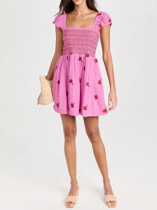 NWT Free People Tory Embroidered Mini Dress Pink Smocked Floral Boho Size Large - Picture 16 of 16